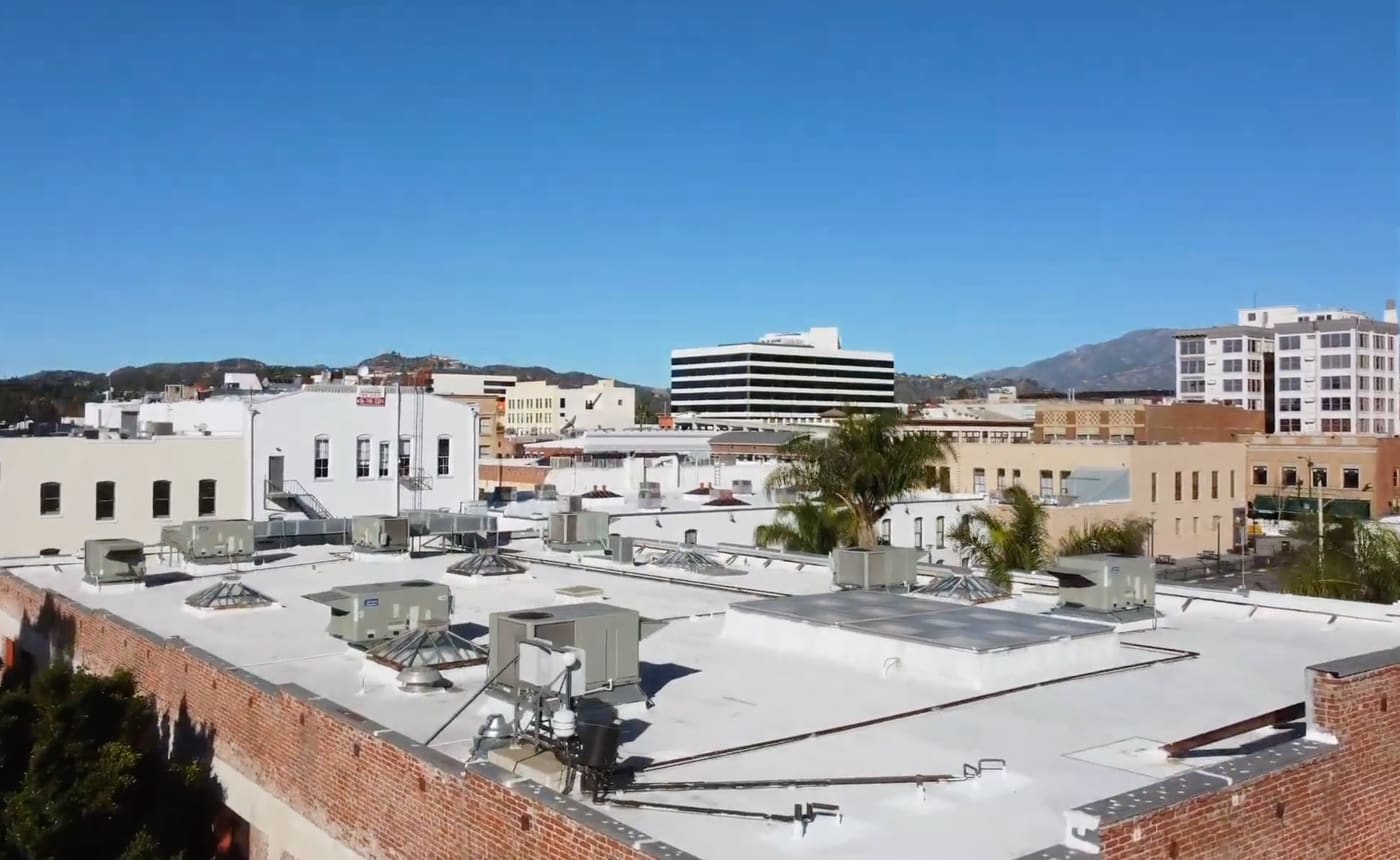 Restored roof surface on the historic 1916 Pasadena coworking building, sealed against leaks